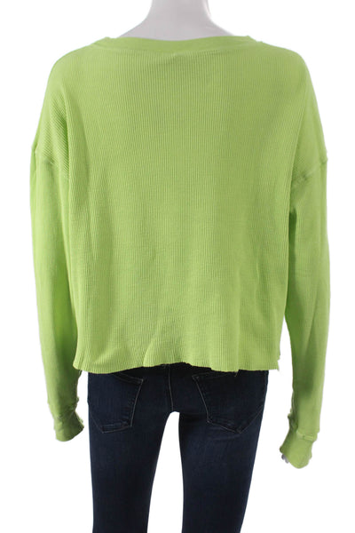 J. Galt Women Cropped T-Shirt Green Cotton Blend Crew Neck Long Sleeve Size M