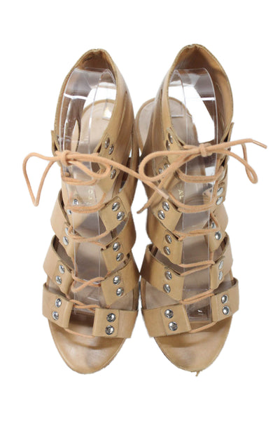 Loeffler Randall Womens Leather Lace Up Gladiator Sandal Heels Beige Size 6 B