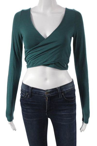 Something Navy Womens Cropped V-Neck Long Sleeve Blouse Green Pullover Size S