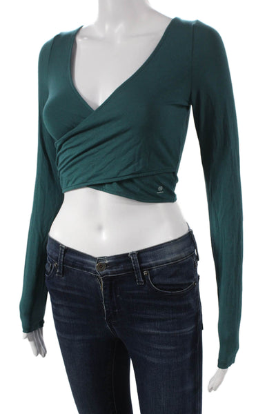 Something Navy Womens Cropped V-Neck Long Sleeve Blouse Green Pullover Size S