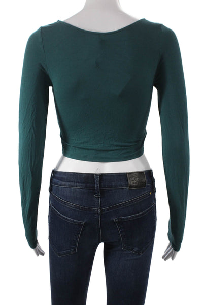 Something Navy Womens Cropped V-Neck Long Sleeve Blouse Green Pullover Size S