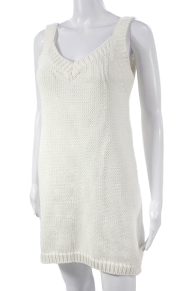 Zara Women White Sweater Dress V Neck Sleeveless Pullover Cotton Short Size M