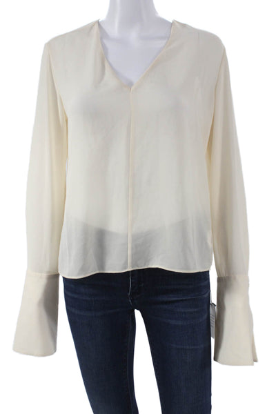 L'Academie Women Basic Cotton V-Neck Long Sleeve Blouse Ivory Size XS