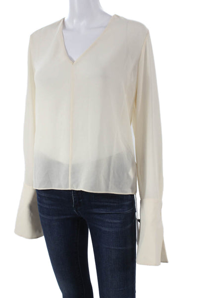 L'Academie Women Basic Cotton V-Neck Long Sleeve Blouse Ivory Size XS