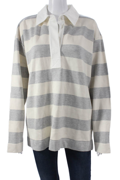 Aligne Women Basic Striped Collared Viscose Polo Long Sleeve Gray Size S