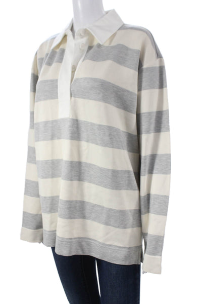 Aligne Women Basic Striped Collared Viscose Polo Long Sleeve Gray Size S