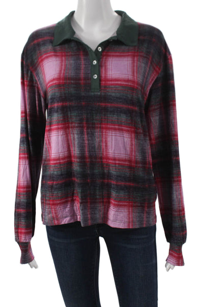 We Wore What Women Plaid Collared Modal Polo Long Sleeve Multicolor Size S