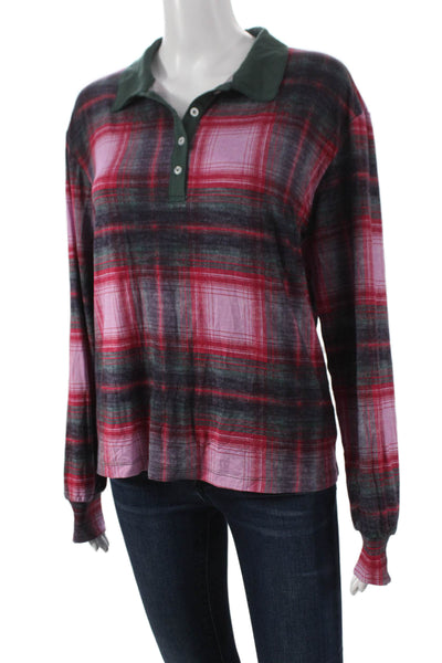 We Wore What Women Plaid Collared Modal Polo Long Sleeve Multicolor Size S