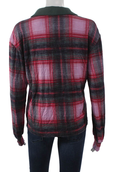 We Wore What Women Plaid Collared Modal Polo Long Sleeve Multicolor Size S