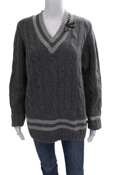 Erdem Women Striped Lambswool V-Neck Pullover Sweater Gray Long Sleeve Size L