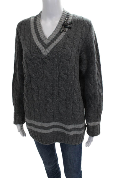 Erdem Women Striped Lambswool V-Neck Pullover Sweater Gray Long Sleeve Size L