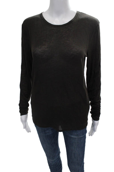 Massimo Dutti Womens Basic Linen Long Sleeve Round Neck T-Shirt Brown Size M