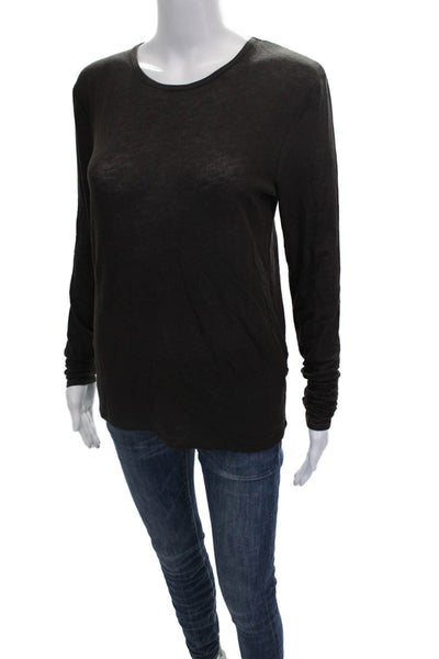 Massimo Dutti Womens Basic Linen Long Sleeve Round Neck T-Shirt Brown Size M