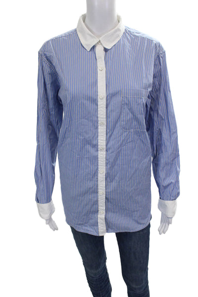 Unsubscribed Women Blue Striped Cotton Long Sleeve Button-Up Top Size M