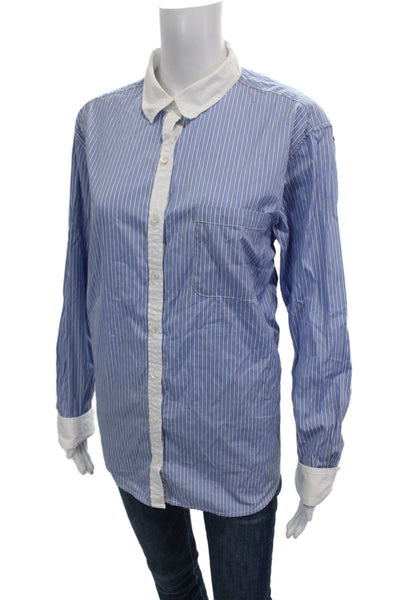 Unsubscribed Women Blue Striped Cotton Long Sleeve Button-Up Top Size M