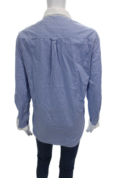 Unsubscribed Women Blue Striped Cotton Long Sleeve Button-Up Top Size M