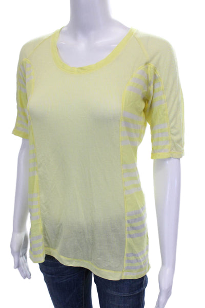 Lululemon Women Basic Yellow Striped Cotton Blend T-Shirt 3/4 Sleeve Size 2