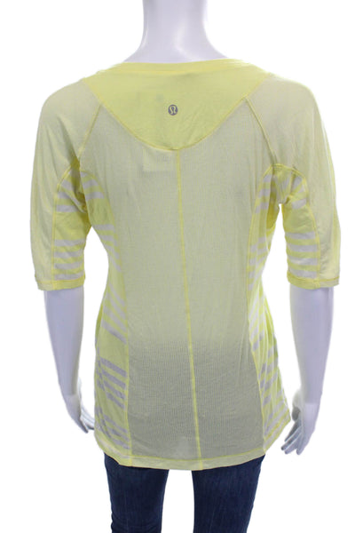 Lululemon Women Basic Yellow Striped Cotton Blend T-Shirt 3/4 Sleeve Size 2