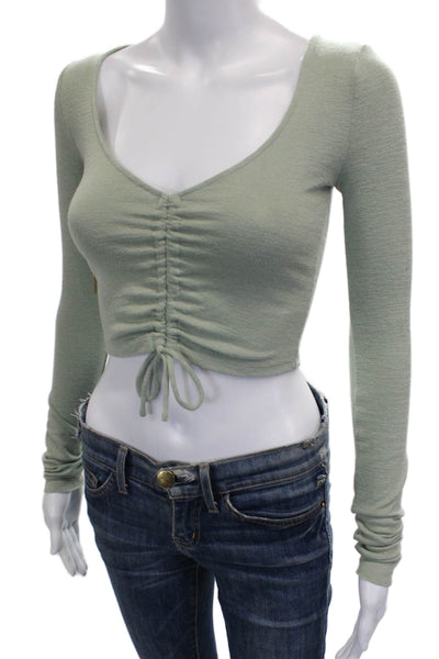 Wilfred Free Women Cropped V Neck Blouse Long Sleeve Green Drawstring Size XS