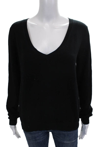 Majestic Filatures Women VNeck Pullover Black Organic Cotton Long Sleeve Size 2