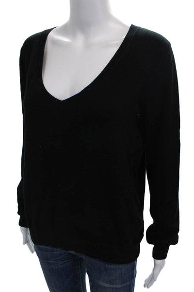 Majestic Filatures Women VNeck Pullover Black Organic Cotton Long Sleeve Size 2