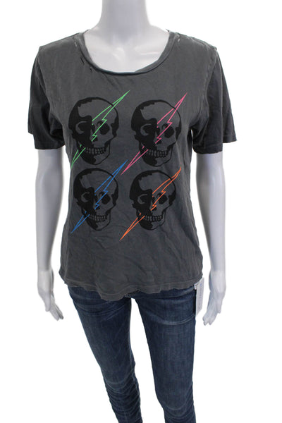 Chrldr Women Basic Gray Cotton Skulls Graphic T Shirt Short Sleeve Size S