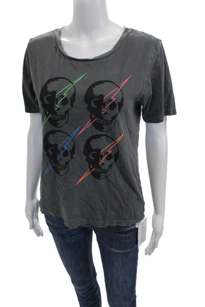 Chrldr Women Basic Gray Cotton Skulls Graphic T Shirt Short Sleeve Size S