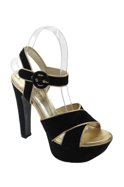 Barbara Bui Womens Suede Platform Slingbacks Heels Black Gold Size 36.5 6.5