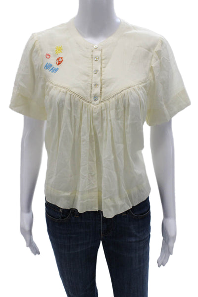 Mother Womens Basic Henley Button Cotton Blouse Short Sleeve Ivory Size S