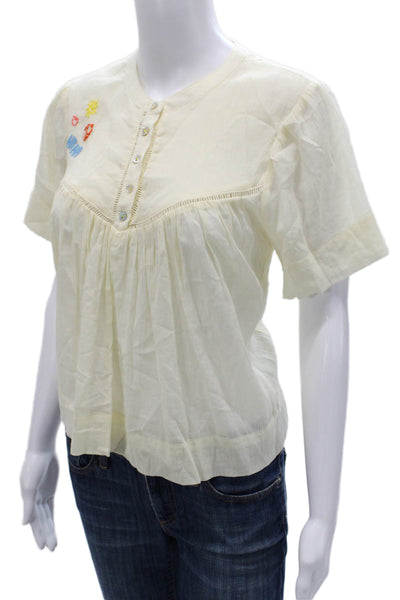 Mother Womens Basic Henley Button Cotton Blouse Short Sleeve Ivory Size S