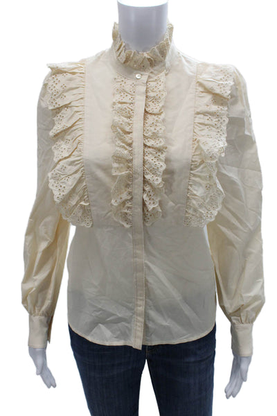 The Westside Women Blouse Ivory Silk High Neck Long Sleeve Button Size XS
