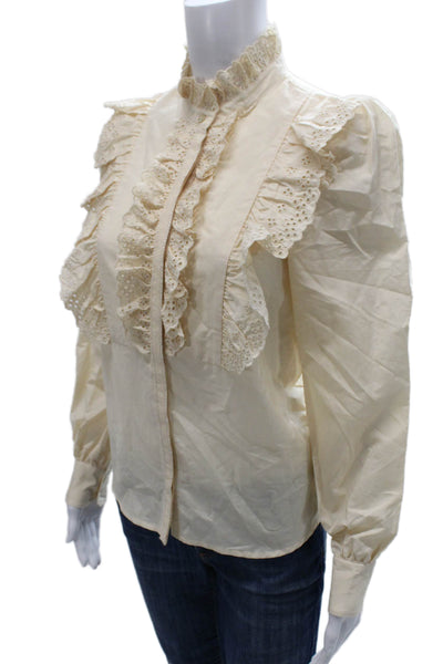 The Westside Women Blouse Ivory Silk High Neck Long Sleeve Button Size XS
