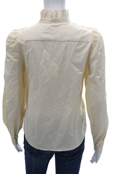 The Westside Women Blouse Ivory Silk High Neck Long Sleeve Button Size XS