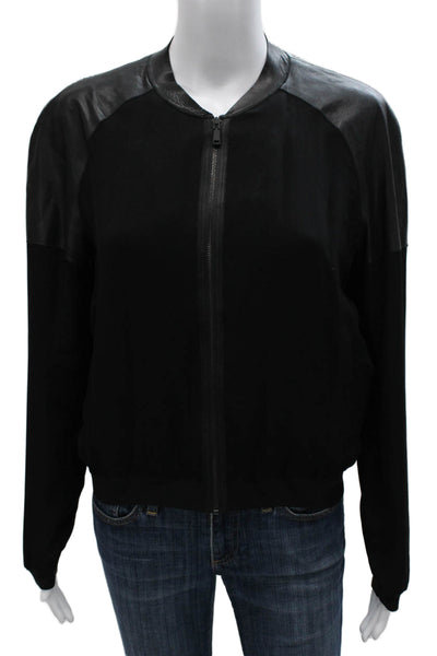 Elie Tahari Womens Bomber Jacket Silk Black Zip Long Sleeve Size XS