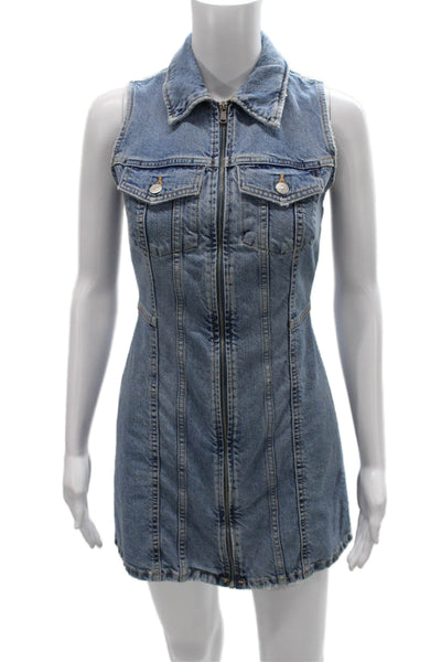 Zara Womens Shirt Dress Blue Collared Sleeveless Zip Cotton Short Size XS