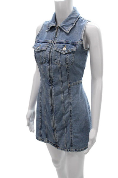 Zara Womens Shirt Dress Blue Collared Sleeveless Zip Cotton Short Size XS