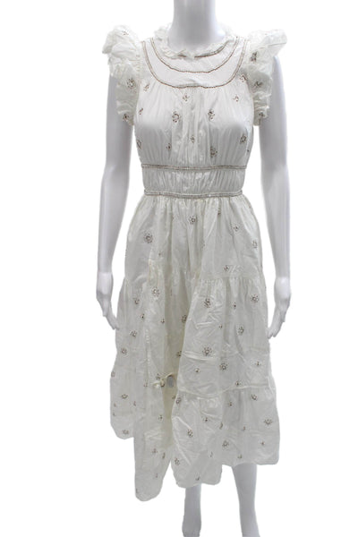 Ulla Johnson Womens White Floral Sundress Cotton Short Sleeve Round Neck Size 0
