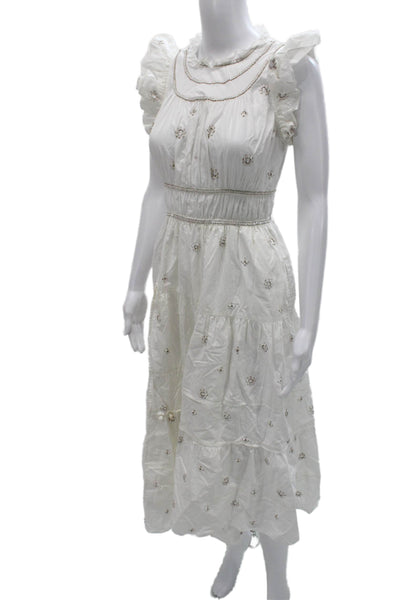 Ulla Johnson Womens White Floral Sundress Cotton Short Sleeve Round Neck Size 0