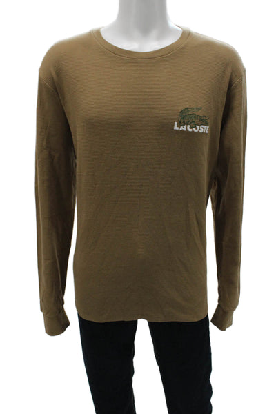Lacoste Mens Brown Striped Cotton Pajama Top Long Sleeve Crew Neck Size XL
