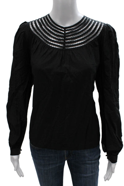 Joie Womens Basic Black Cotton Long Sleeve Round Neck Button Blouse Size M