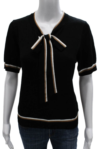 Adrianna Papell Women Black Striped V Neck Short Sleeve Viscose Blouse Size M