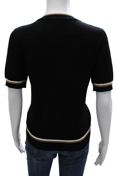 Adrianna Papell Women Black Striped V Neck Short Sleeve Viscose Blouse Size M