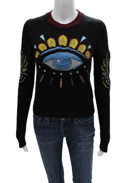 Kenzo Women Wool Black Pullover Crew Neck Geometric Long Sleeve Size XS