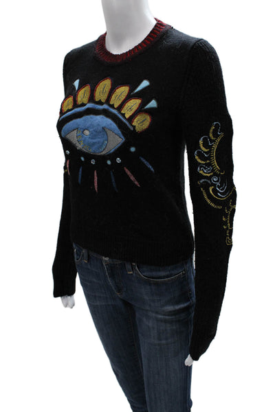Kenzo Women Wool Black Pullover Crew Neck Geometric Long Sleeve Size XS