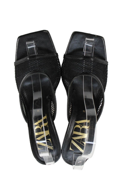 Zara Womens Leather Fishnet Slide On Sandal Heels Black Size 38 8