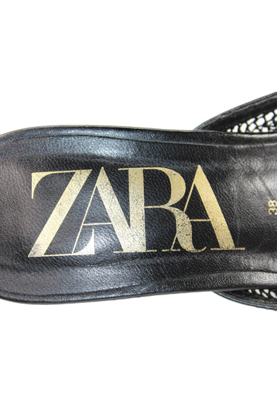Zara Womens Leather Fishnet Slide On Sandal Heels Black Size 38 8