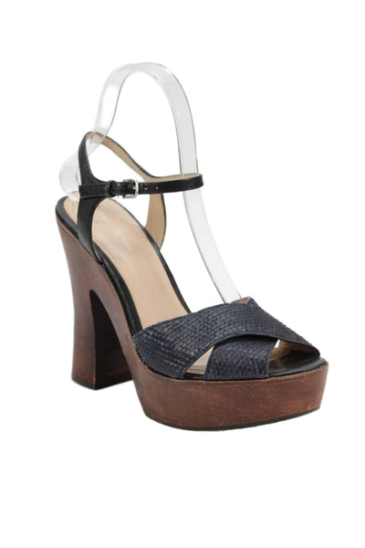 Pour la Victoire Womens Embossed Leather Platform Ankle Strap Shoes Black Size 7