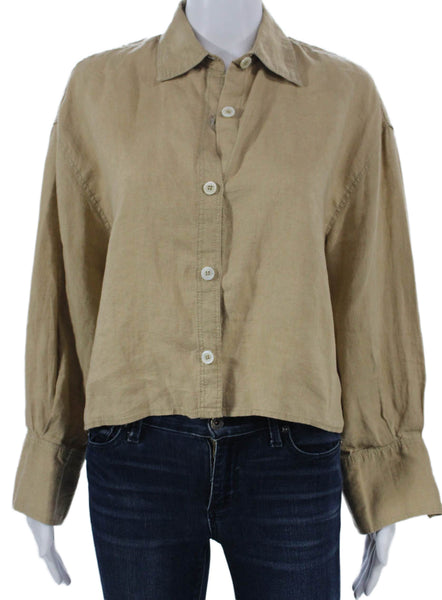Zara Womens Basic Linen Collared Button-Up Beige Long Sleeve Size S