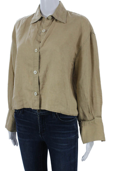 Zara Womens Basic Linen Collared Button-Up Beige Long Sleeve Size S
