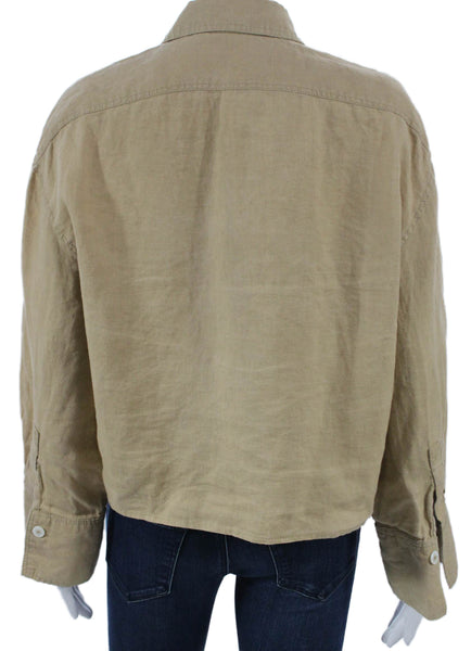 Zara Womens Basic Linen Collared Button-Up Beige Long Sleeve Size S